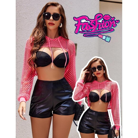 🆕Women’s Pink Polyester Mesh Hoodie Crop Top Long Sleeve Fishnet Shirt - Picture 5 of 6